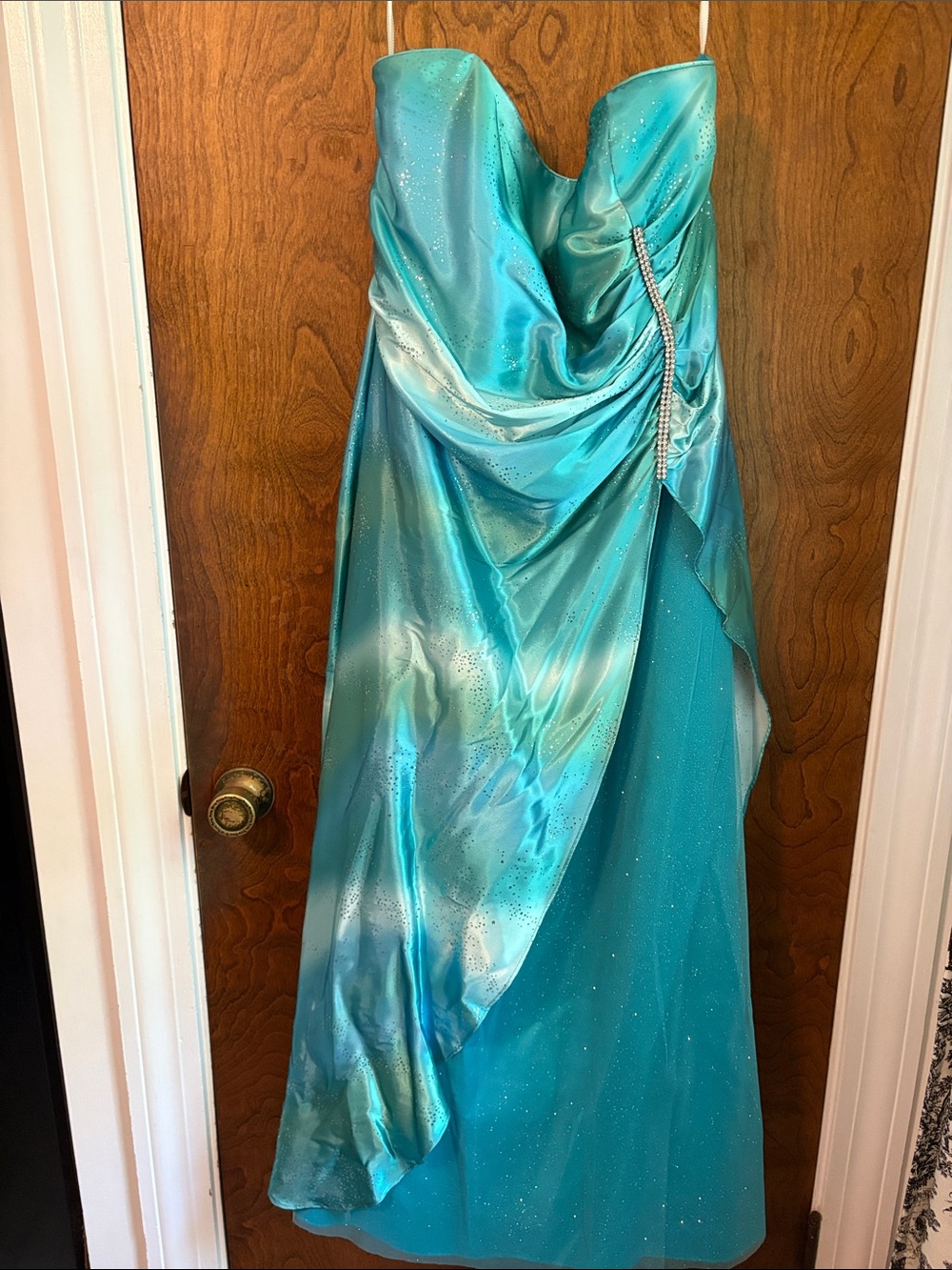 Jump Strapless Teal Blue Prom Dress with Draped Satin Overlay